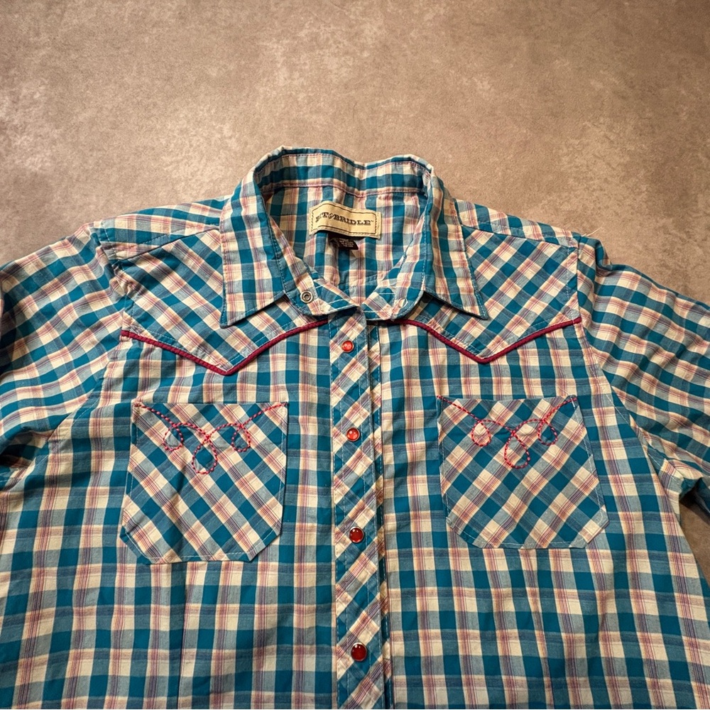 Bit & Bridle Plaid Western Embroidered Pearl Snap Button Down Shirt Size Large - Picture 2 of 6